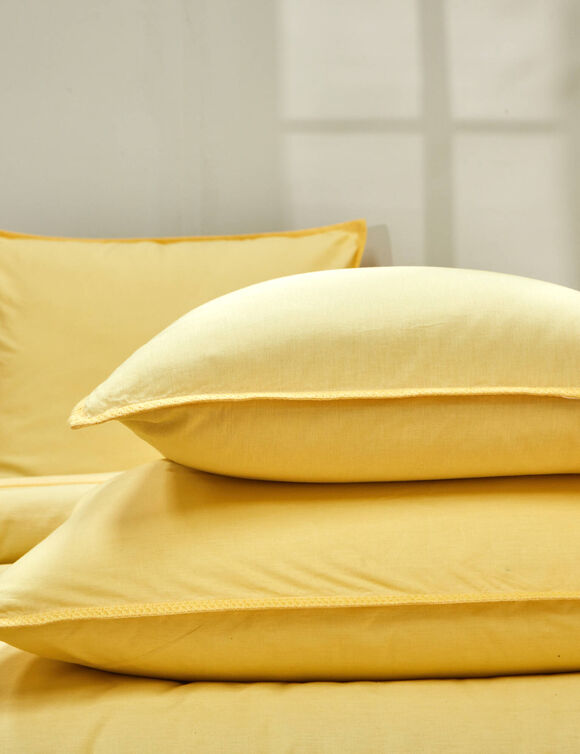 Linge de lit uni coton lav&eacute; (jaune)