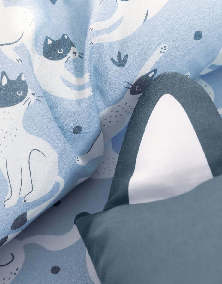 Linge de lit enfant imprimé chats Miaou 1 personne - coton biologique (bleu)