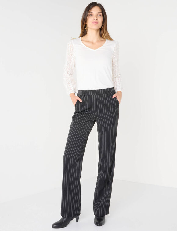Pantalon élégant droit, rayé (noir / blanc)