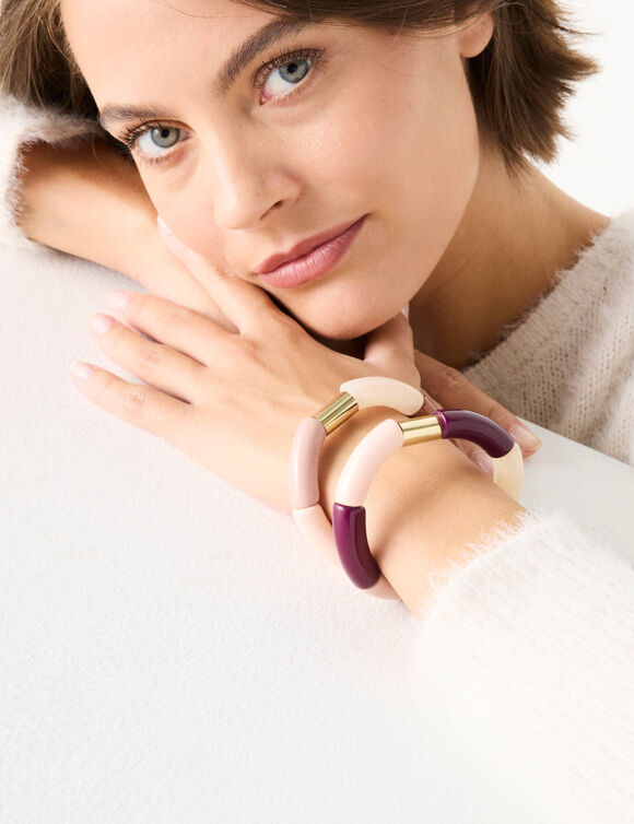 Bracelet "tubes" élastiqué - lot de 2 (prune / rose)