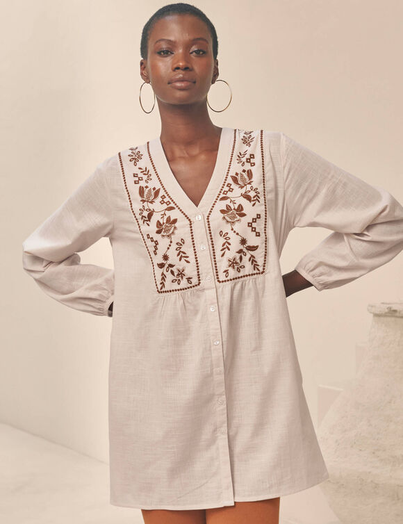 Tunique brod&eacute;e boutonn&eacute;e (gr&egrave;ge / caramel)