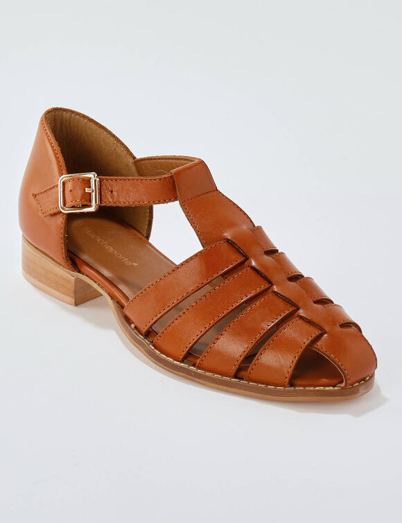 Platte, leren sandalen (karamel)