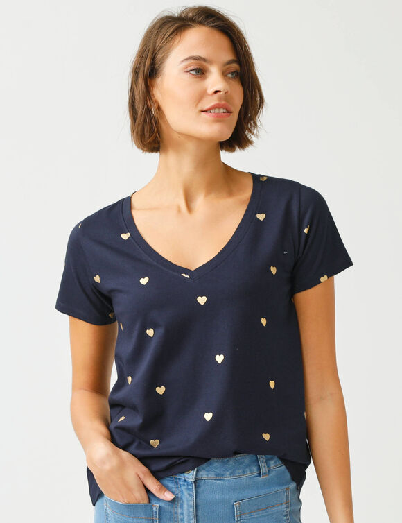 T-shirt col V imprim&eacute; c&oelig;urs dor&eacute;s (marine)