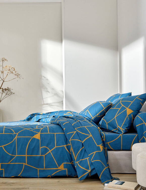 Linge de lit Geoffroy en coton &agrave; motifs graphiques (bleu paon)
