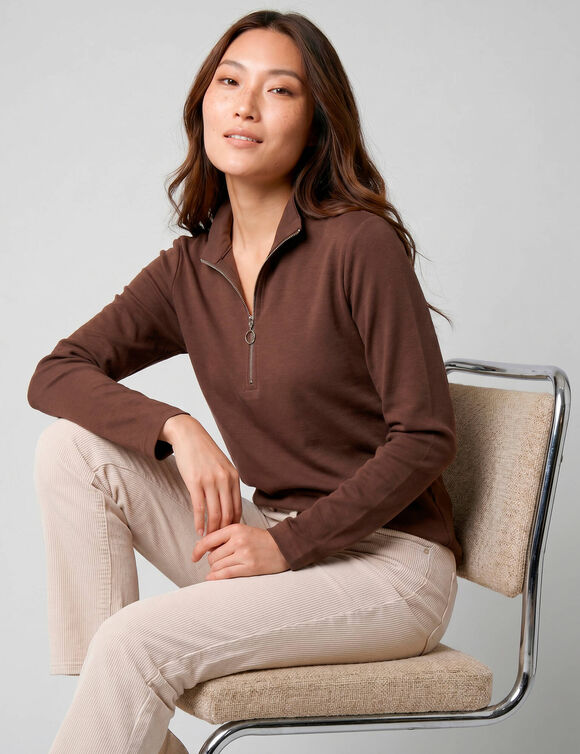 Effen T-shirt met hoge kraag en ritssluiting, lange mouwen (chocolade)