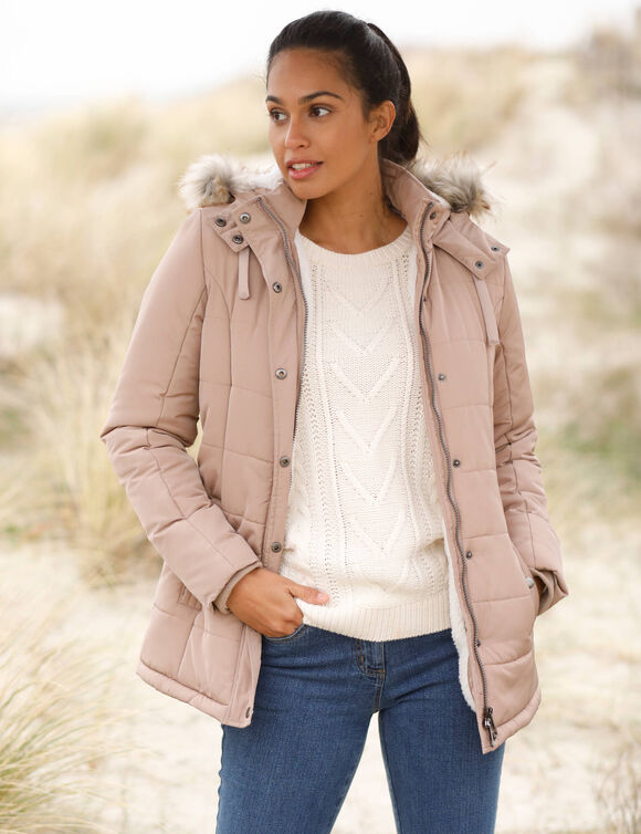 Doudoune à capuche imperméable, doublée polaire sherpa (rose grisé)