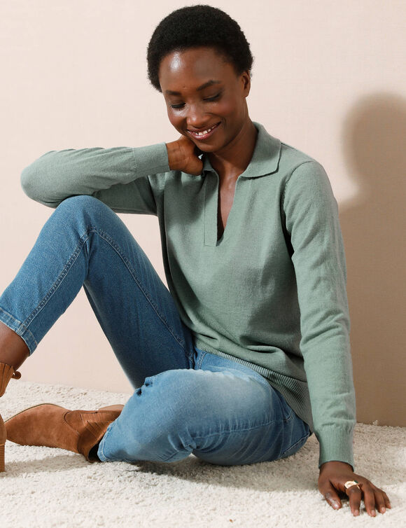 Pull col polo, laine d'agneau (vert grisé)