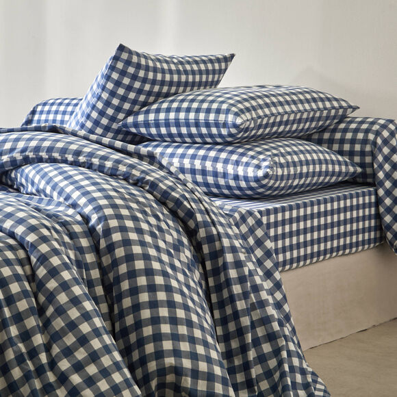 Linge de lit Lou imprim&eacute; carreaux - en coton (marine)