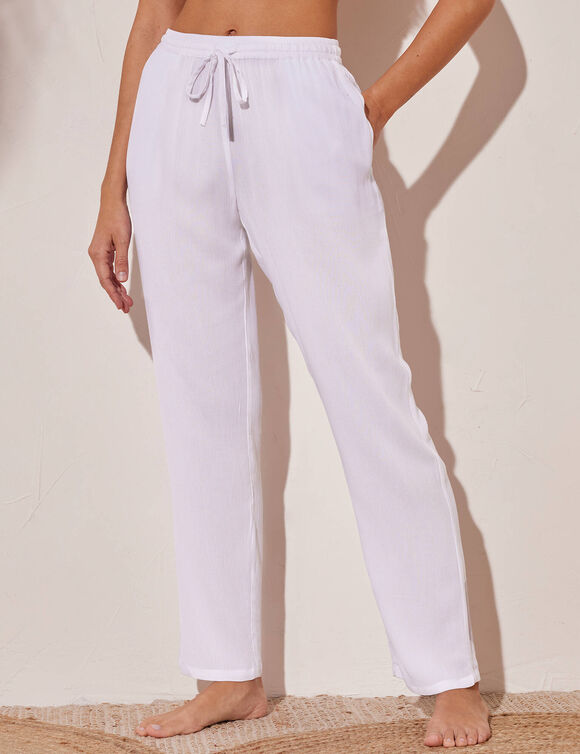 Pantalon droit uni, cr&eacute;pon fluide (blanc)