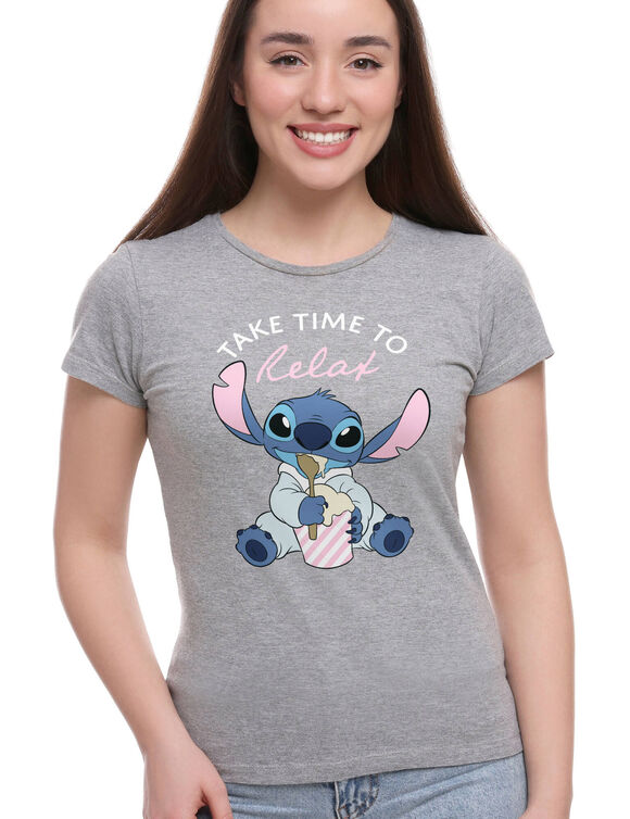 Haut de pyjama femme coton manches courtes imprim&eacute; plac&eacute; Stitch "Take time to relax"" (gris chin&eacute;)
