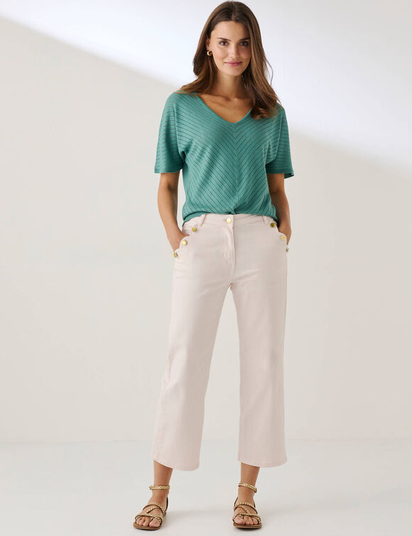 Pull manches courtes maille ajour&eacute;e effet chevron  (vert gris&eacute;)