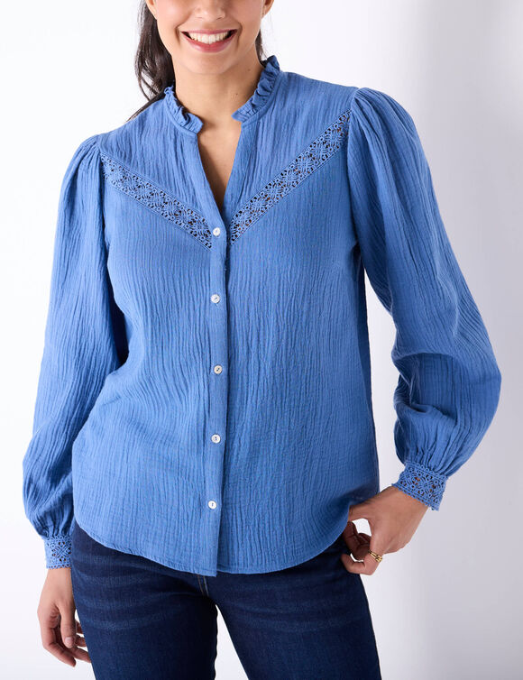 Chemisier boutonn&eacute; macram&eacute;, gaze de coton (indigo)