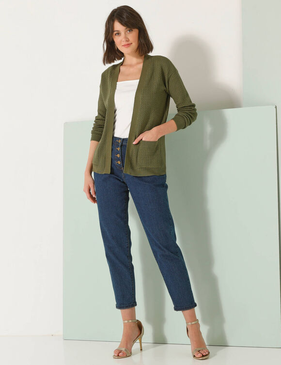 Gilet maille fantaisie, porter ouvert (vert olive)