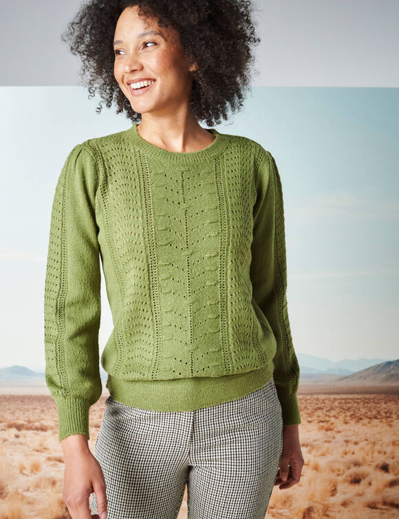 Pull col rond, maille fantaisie toucher doux (kaki)