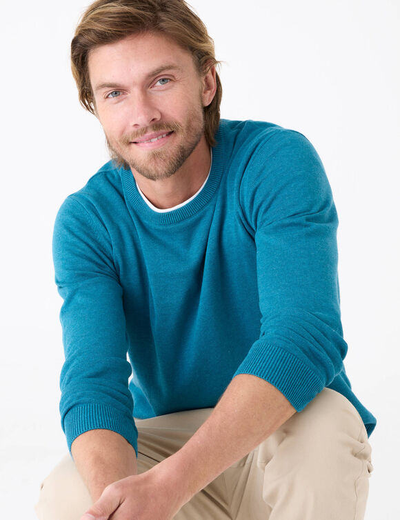 Pull pur coton col rond (bleu canard chin&eacute;)