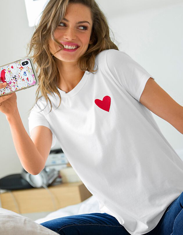 Effen T-shirt met 'hart' borduursel en korte mouwen - biokatoen, wit, hi-res