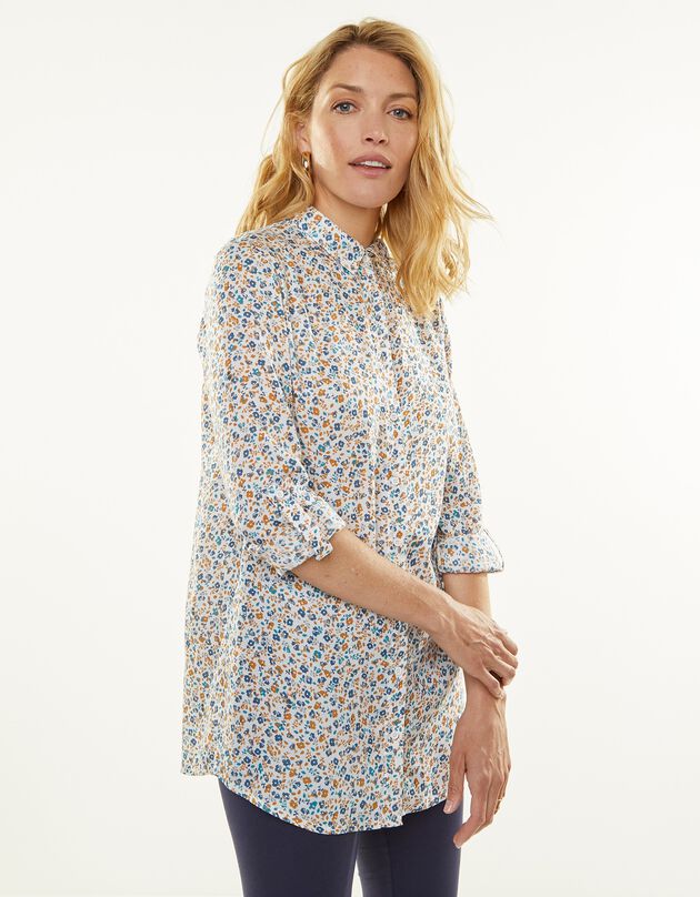Chemise liquette boutonnée imprimé fleuri, crêpe (blanc / caramel)