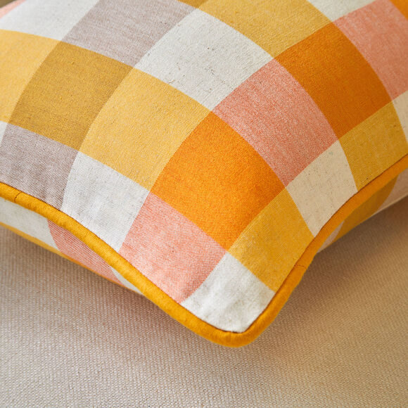 Coussin rectangulaire coton lin carreaux (jaune)