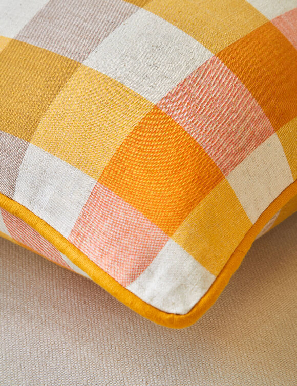 Rechthoekig kussen, geruit, in katoen/linnen (geel)