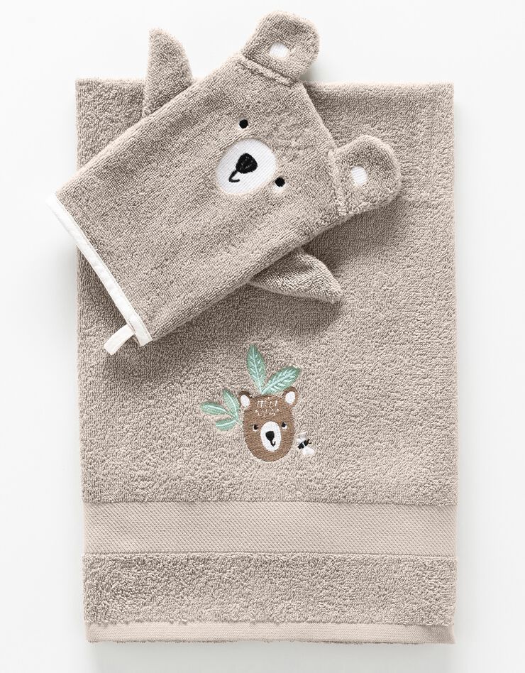 Collection éponge enfant brodée ourson coton - 380 g/m², taupe Collection éponge enfant brodée ourson coton - 380 g/m², taupe, hi-res image number 0