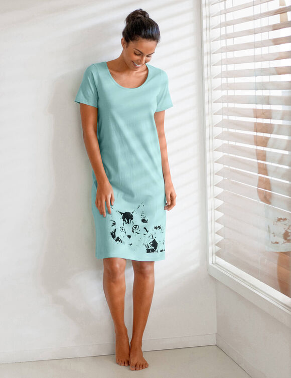 Chemise de nuit courte imprimé chat - lot de 2 (céladon / bleu)