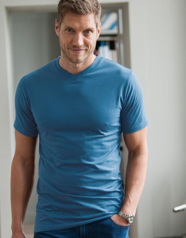 T-shirt met V-hals en korte mouwen - set van 3, blauw + bruin + grijs, hi-res