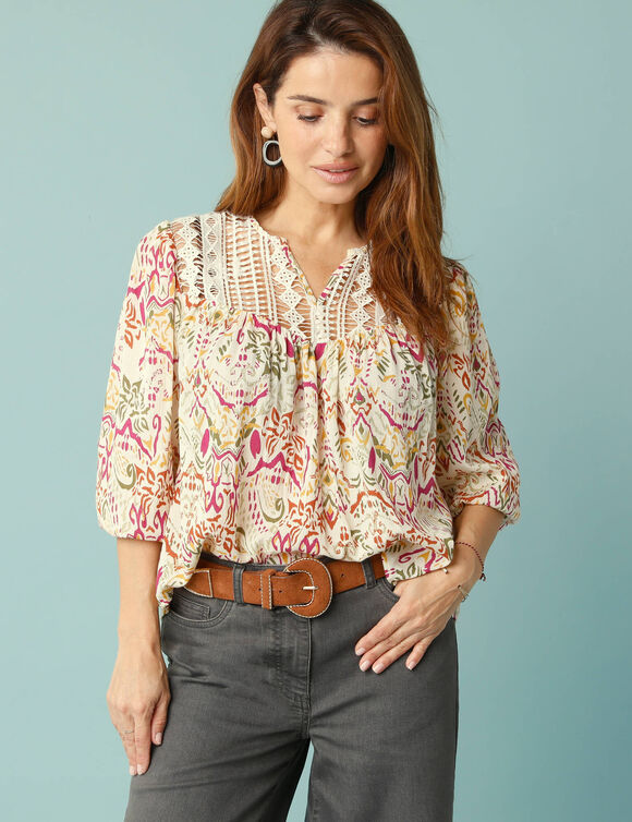 Blouse Sp&eacute;cial Petites avec macram&eacute; et manches 3/4 (kaki / violine)