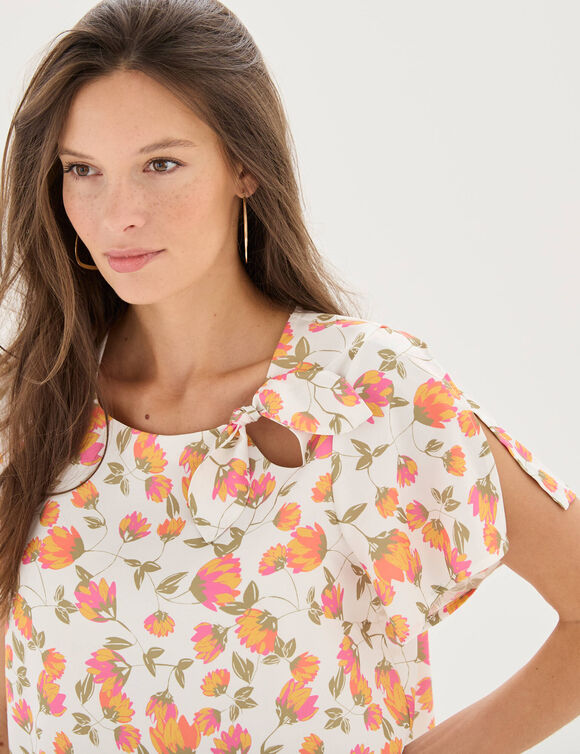 Blouse imprim&eacute;e fleurs, noeud fantaisie (&eacute;cru / rose)