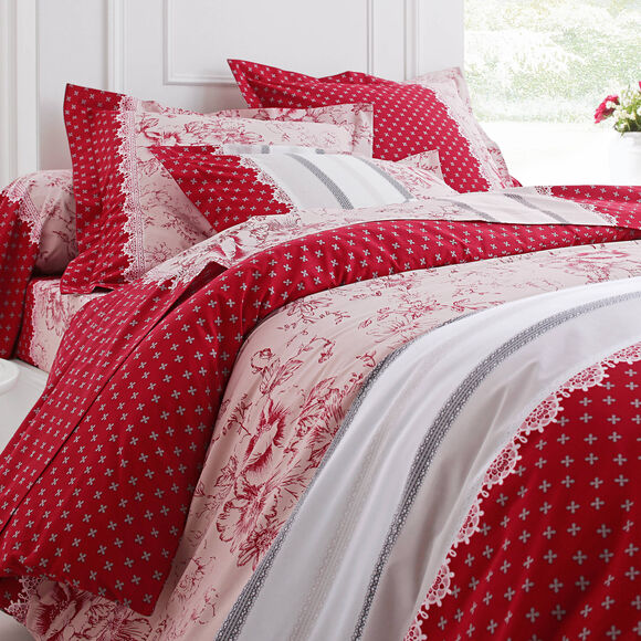 Linge de lit Gabrielle flanelle, imprimé fleurs et dentelle (rouge)