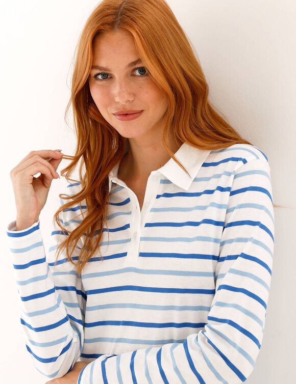 T-shirt ray&eacute; col polo, maille jersey (&eacute;cru / bleu)