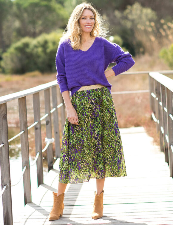 Pull loose col V, maille anglaise toucher doux (violet)