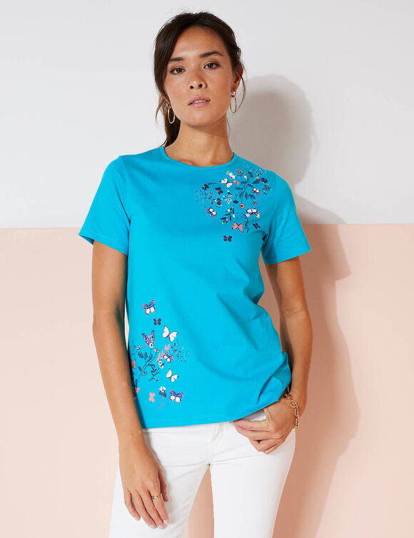 T-shirt manches courtes imprimé papillon (turquoise)