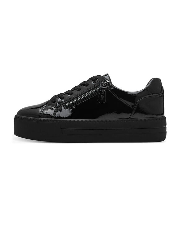 Gelakte sneakers met rits en sleehak (zwart)