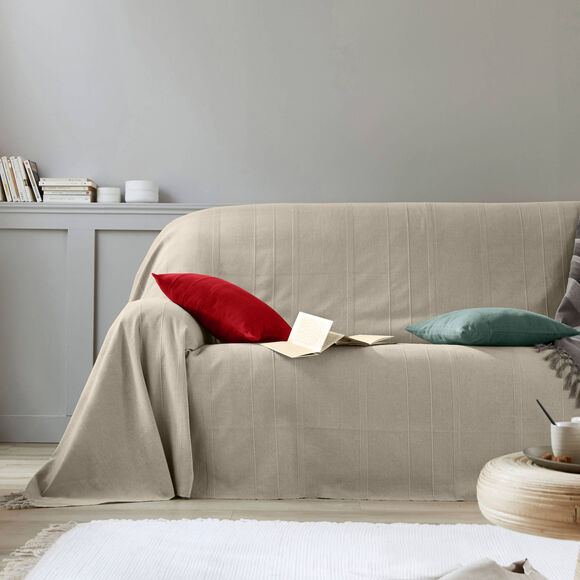 Plaid of sprei, effen katoen met artisanaal weefsel (vlaskleur)