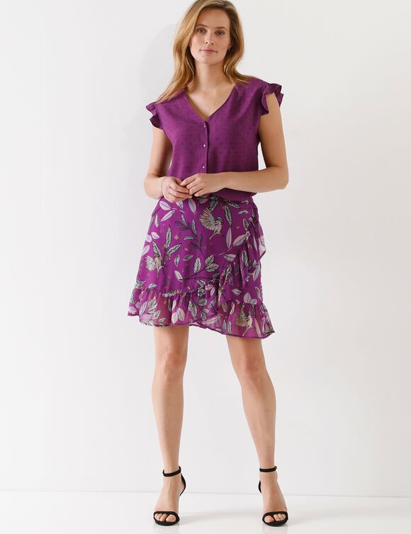 Jupe volantée effet portefeuille, voile imprimé (violet)
