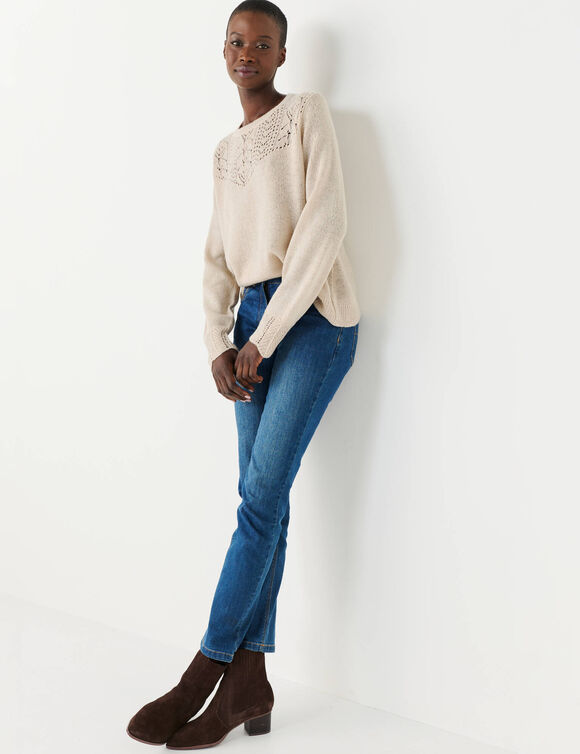 Pull col rond maille ajour&eacute;e, toucher doux (beige chin&eacute;)