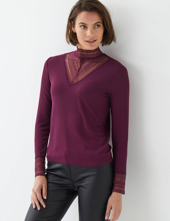 T-shirt manches longues dentelle (prune)