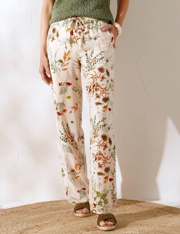 Pantalon large fluide imprimé (écru / kaki)