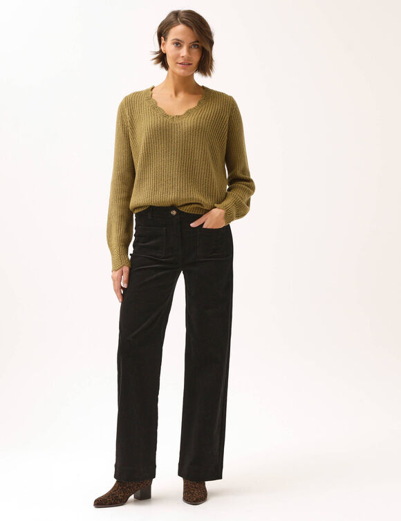 Pantalon velours coupe large taille haute, stature moyenne (noir)