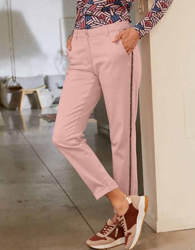 Chino broek met baan in strass (grijsroze)