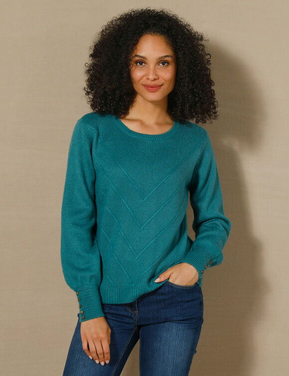 Pull maille fantaisie et détail boutons poignets, toucher doux  (turquoise foncé)