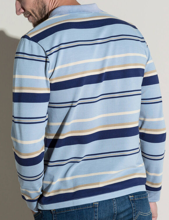Gestreepte polo in piqu&eacute;triot, lange mouwen (lichtblauw)