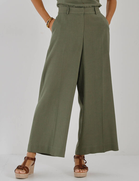Pantalon effet jupe-culotte, en lin m&eacute;lang&eacute; (kaki)