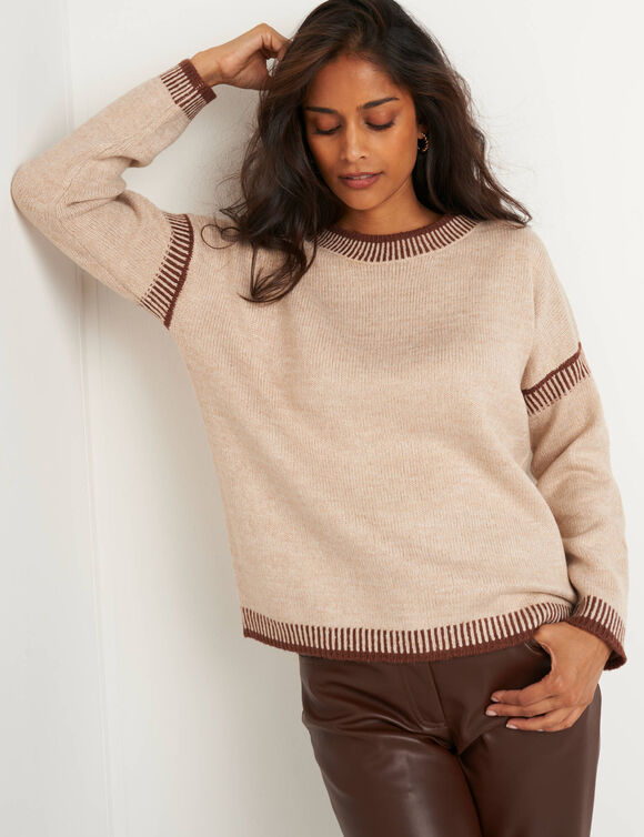 Pull loose bicolore, col rond (beige / chocolat)