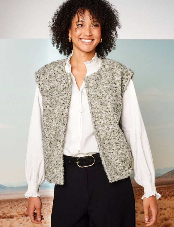 Mouwloos jasje, lusjestricot (chiné kaki)