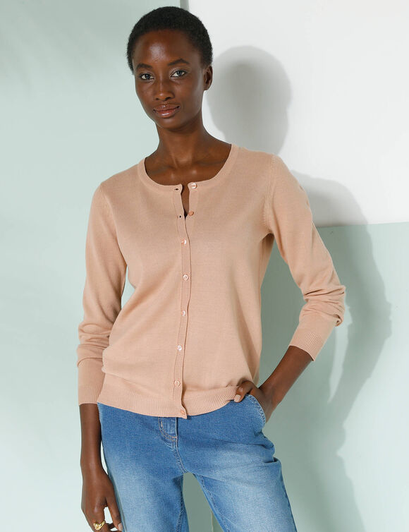 Cardigan boutonné col rond uni, toucher doux (beige)