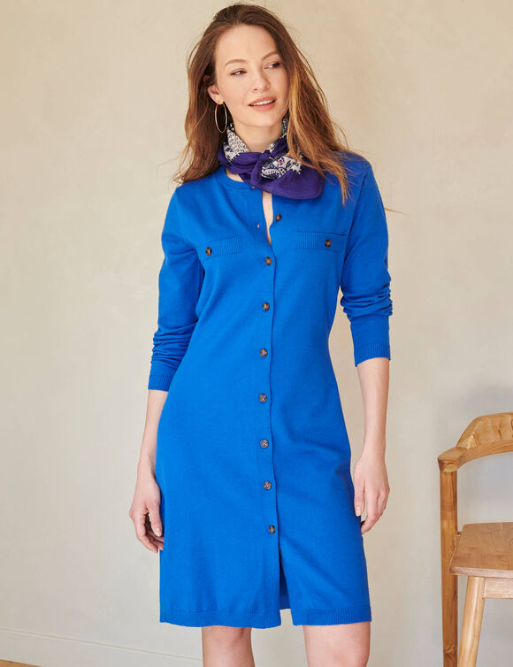 Robe pull boutonn&eacute;e, manches longues (bleu)