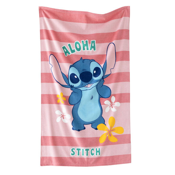 Drap de bain enfant Stitch éponge et velours coton - 320g/m²  (rose)