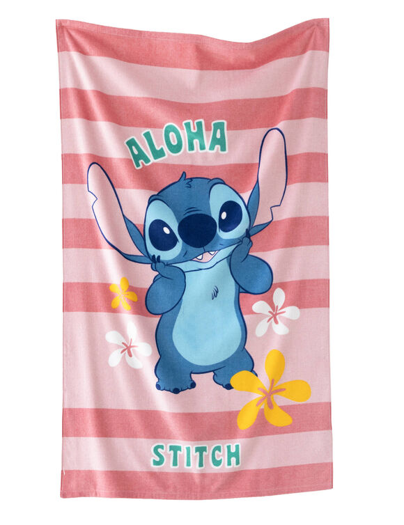 Drap de bain enfant Stitch éponge et velours coton - 320g/m²  (rose)