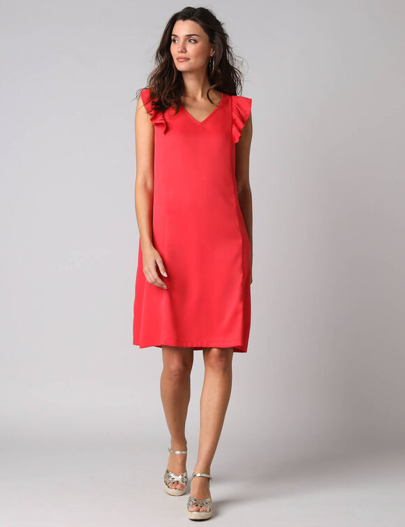 Robe courte col V unie, &agrave; mancherons volant&eacute;s (rouge)